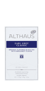 Verpackung des Althaus Bio-Tees „Earl Grey Classic“ in weiß-blauem Design