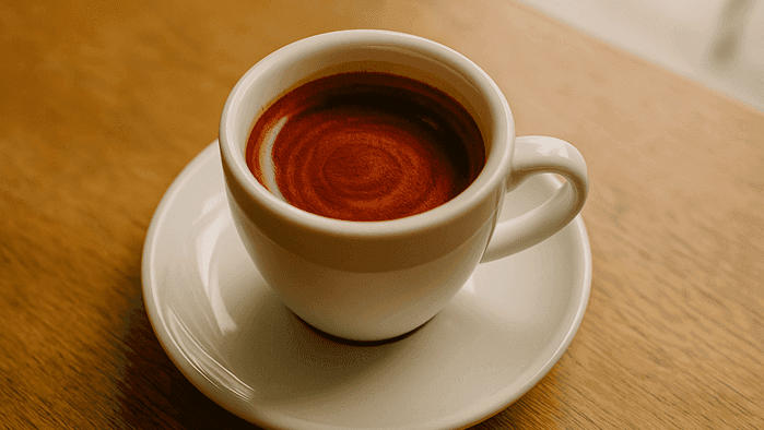 God Shot: Perfekter Espresso mit Tigerstreifen in weißer Tasse auf Holztisch