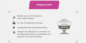 Infografik zu Affogato al caffè aus Espresso und Vanilleeis mit Angaben zu Zubereitung, Kalorien und Geschmack