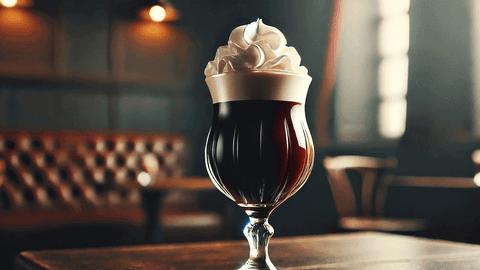 Irish Coffee serviert neben Kaffeebohnen