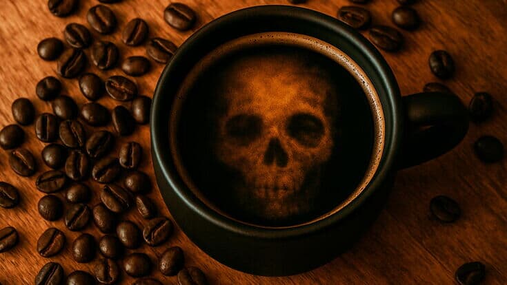 Kaffeetasse mit Totenkopf in der Crema