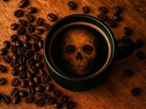 Kaffeetasse mit Totenkopf in der Crema