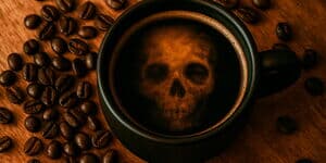 Kaffeetasse mit Totenkopf in der Crema