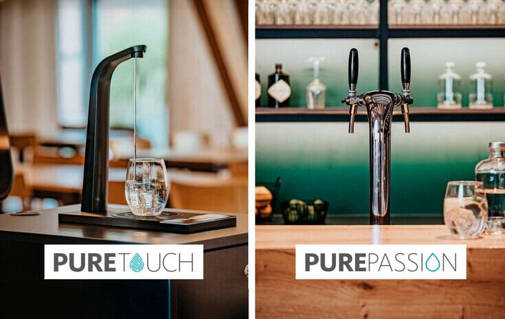 Links der PURE Touch Wasserspender mit eleganter Touch-Bedienung und präzisem Wasserstrahl. Rechts der PURE Passion Getränkespender mit zwei Zapfhähnen, ideal für stilvolle Getränkeausgabe in der Gastronomie.