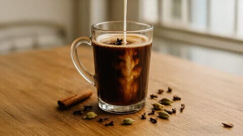 Ein Glas Masala Chai, in das gerade Milch gegossen wird, umgeben von Kardamom, Nelken und Zimt.
