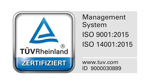 TÜV Rheinland Zertifizierungs-Logo für das Management System nach ISO 9001:2015 und ISO 14001:2015