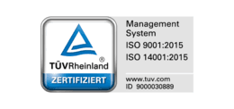 TÜV Rheinland certification logo for the management system in accordance with ISO 9001:2015 and ISO 14001:2015