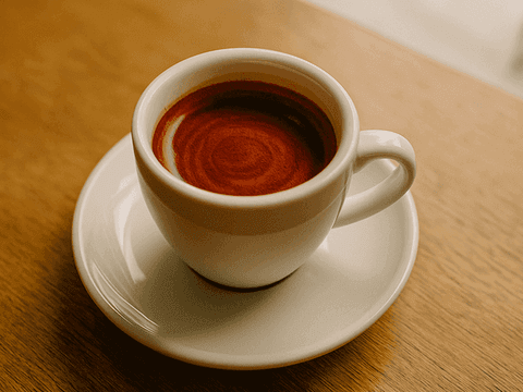 God Shot: Perfekter Espresso mit Tigerstreifen in weißer Tasse auf Holztisch