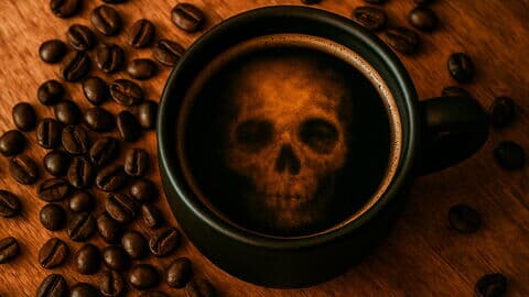 Kaffeetasse mit Totenkopf in der Crema