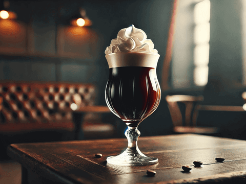 Irish Coffee serviert neben Kaffeebohnen