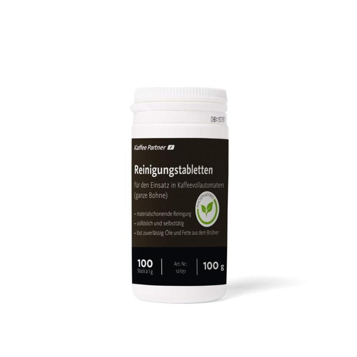 Eine Dose Reinigungstabletten auf weißem Hintergrund