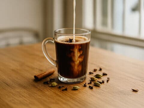 Ein Glas Masala Chai, in das gerade Milch gegossen wird, umgeben von Kardamom, Nelken und Zimt.