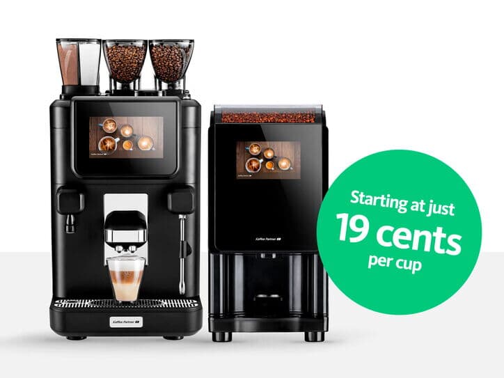 Two black coffee machines with bean containers - only 19 cents per cup