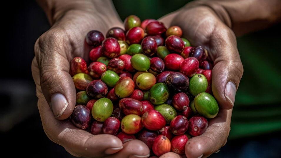 reife und unreife Kaffeebohnen in einer Hand
