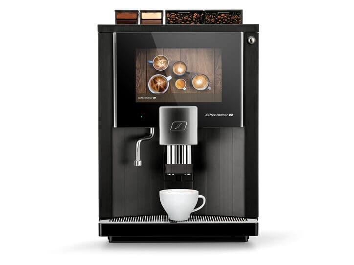 Der Kaffeevollautomat BARISTA Velluto von Kaffee Partner in der Frontansicht, der auf einem weißen Hintergrund abgebildet ist.