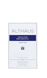 Verpackung des Althaus Tees „English Breakfast“ in weiß-blauem Design, mit 20 Deli-Packs schwarzer Tee.