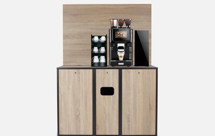Unterschrank in Eiche als Kaffeestation für Vollautomat und mehrere Zusatzmodule