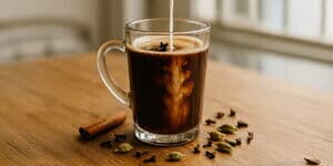 Ein Glas Masala Chai, in das gerade Milch gegossen wird, umgeben von Kardamom, Nelken und Zimt.