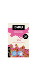 Verpackung des Instick Getränkepulvers Typ Chai mit Gewürztee-Geschmack, zuckerfrei, für 0,5 Liter Wasser pro Stick, abgebildet mit Zimtstangen und Sternanis.