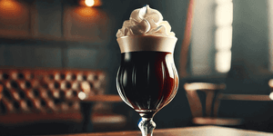 Irish Coffee serviert neben Kaffeebohnen