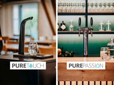 Links der PURE Touch Wasserspender mit eleganter Touch-Bedienung und präzisem Wasserstrahl. Rechts der PURE Passion Getränkespender mit zwei Zapfhähnen, ideal für stilvolle Getränkeausgabe in der Gastronomie.