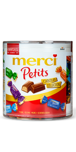 Runde Merci-Dose mit kleinen Schokoladenriegeln in bunter Verpackung