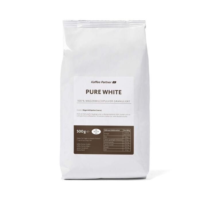 Ein Beutel Pure White auf weißem Hintergrund