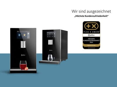 Zwei moderne Wasserspender von Welltec vor hellem Hintergrund, daneben das Plus X Award-Siegel mit der Auszeichnung „Höchste Kundenzufriedenheit 2024“. Der Text „Wir sind ausgezeichnet“ steht darüber. Die Geräte präsentieren sich in edlem Schwarz mit Gläs