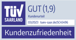 TÜV Saarland Zertifikat für Kundenzufriedenheit mit der Bewertung "GUT (1,9)" und dem Kundenteil vom März 2023.