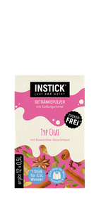 Verpackung des Instick Getränkepulvers Typ Chai mit Gewürztee-Geschmack, zuckerfrei, für 0,5 Liter Wasser pro Stick, abgebildet mit Zimtstangen und Sternanis.