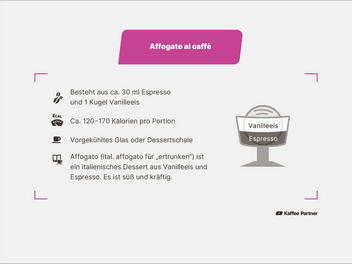 Infografik zu Affogato al caffè aus Espresso und Vanilleeis mit Angaben zu Zubereitung, Kalorien und Geschmack
