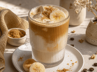 Eiskaffee mit Banane und Milch als cremiges süsses Kaffeegetränk im Glas
