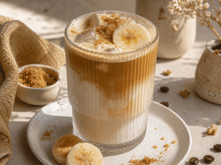 Eiskaffee mit Banane und Milch als cremiges süsses Kaffeegetränk im Glas